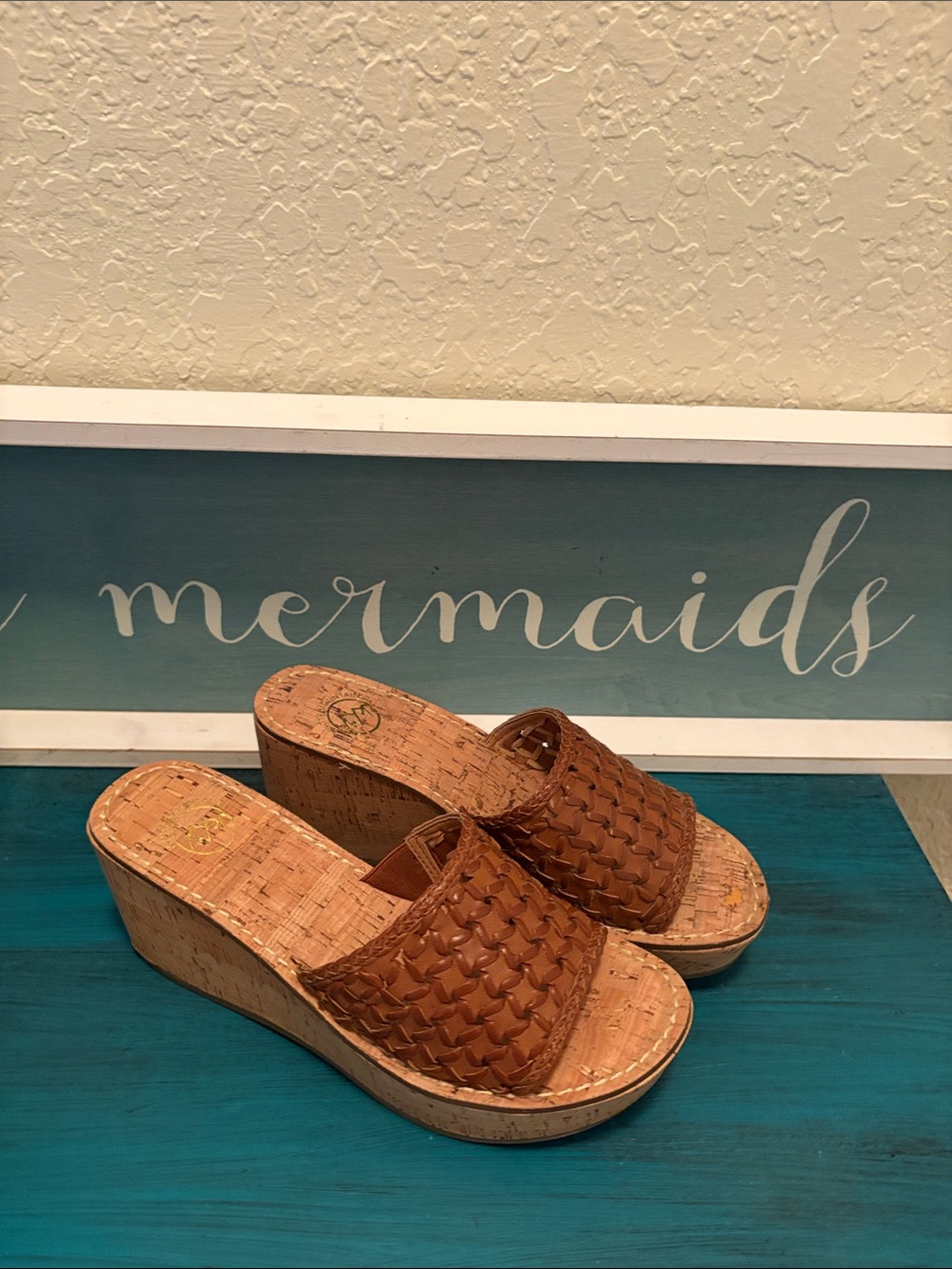 White Mountain Brown Woven Cork Wedge Slides